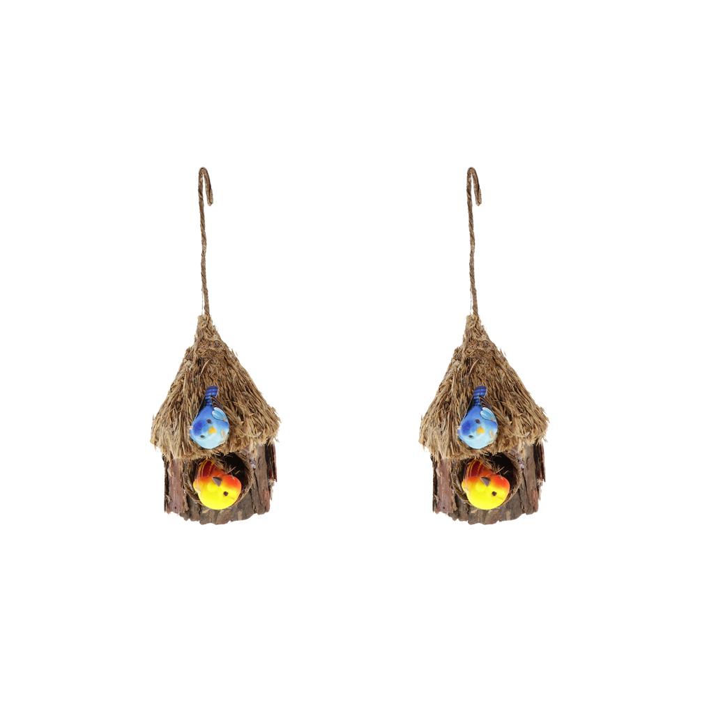 2xHandmade Bark Hanging Bird Nest House Hatch Breeding Grass Cave B