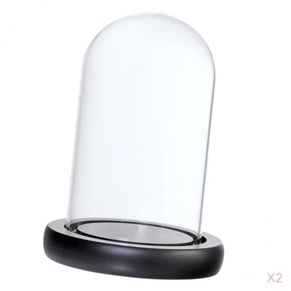 2xGlass Dome Cloche with Base Flower Landscape Holder Glass Cover Black A