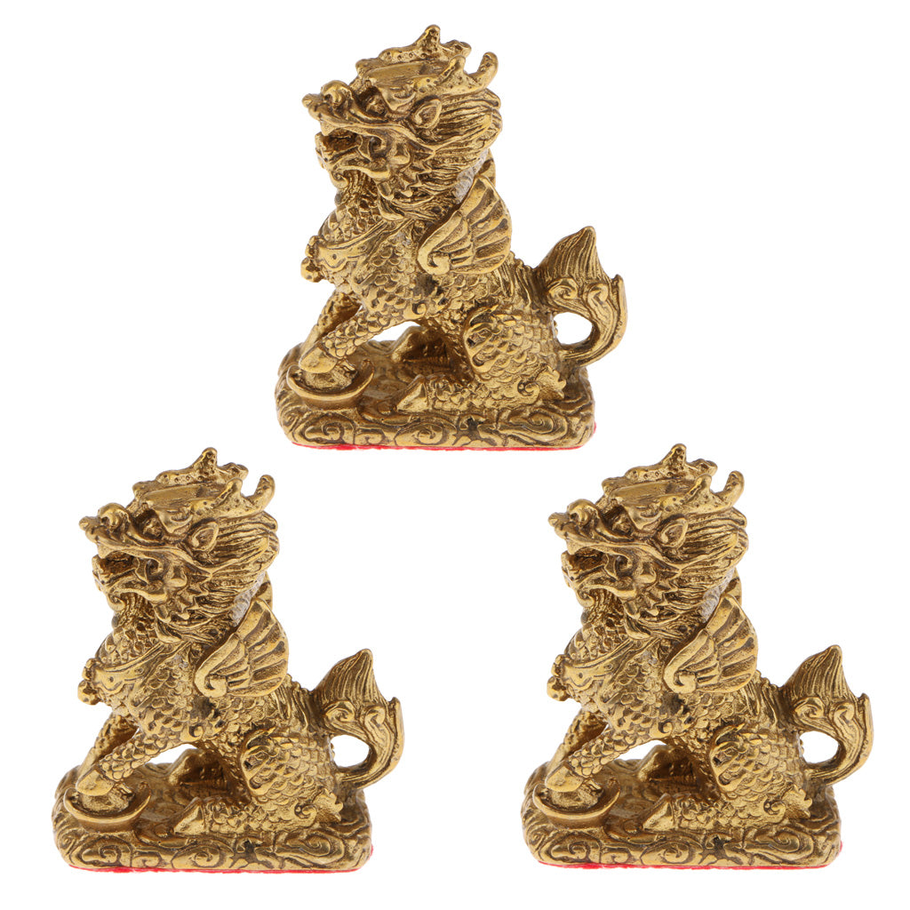 3xPure Copper Brass Feng Shui Wealth Kylin Beast Statue Furnishing Ornament
