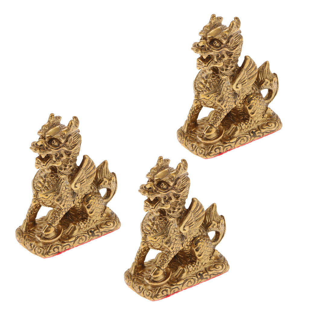 3xPure Copper Brass Feng Shui Wealth Kylin Beast Statue Furnishing Ornament