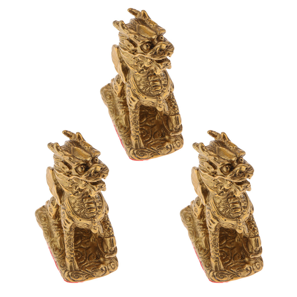 3xPure Copper Brass Feng Shui Wealth Kylin Beast Statue Furnishing Ornament