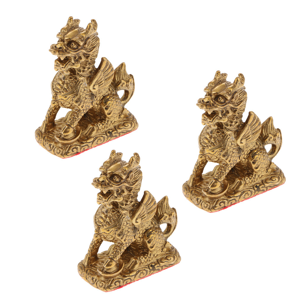3xPure Copper Brass Feng Shui Wealth Kylin Beast Statue Furnishing Ornament