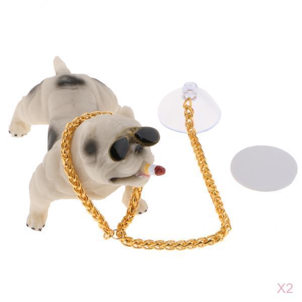 2x Bully Dog Resin Car Decoration Simulation Ornament with Gold Chain White