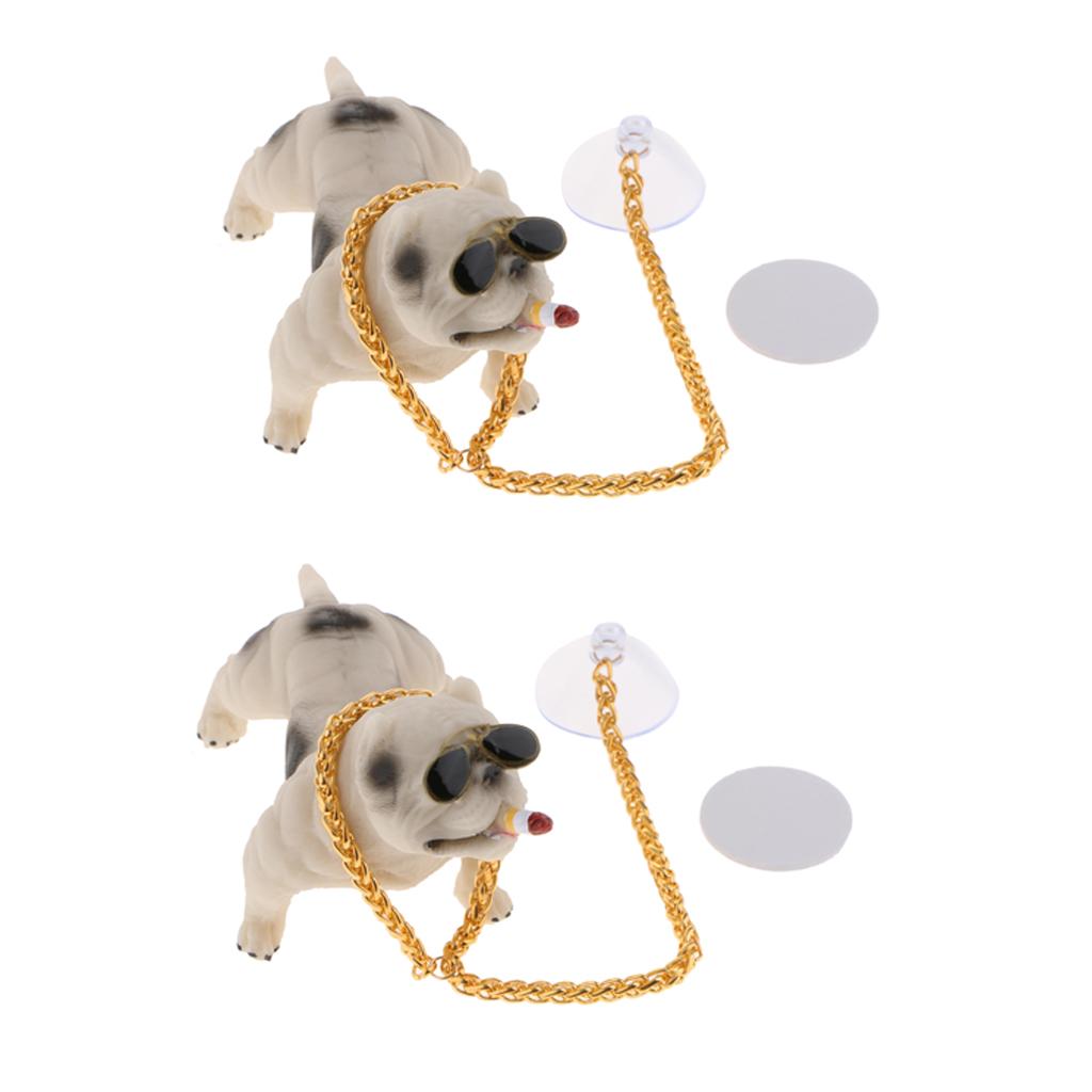 2x Bully Dog Resin Car Decoration Simulation Ornament with Gold Chain White