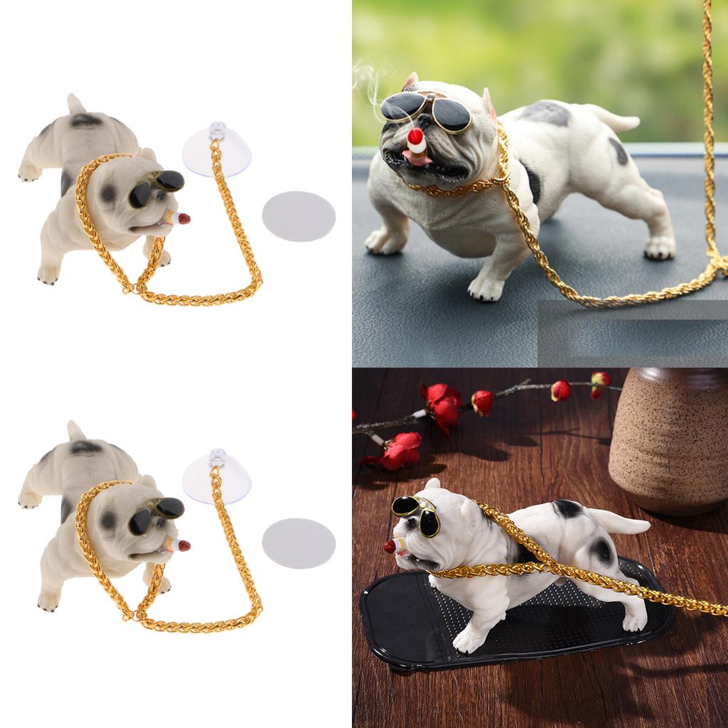 2x Bully Dog Resin Car Decoration Simulation Ornament with Gold Chain White