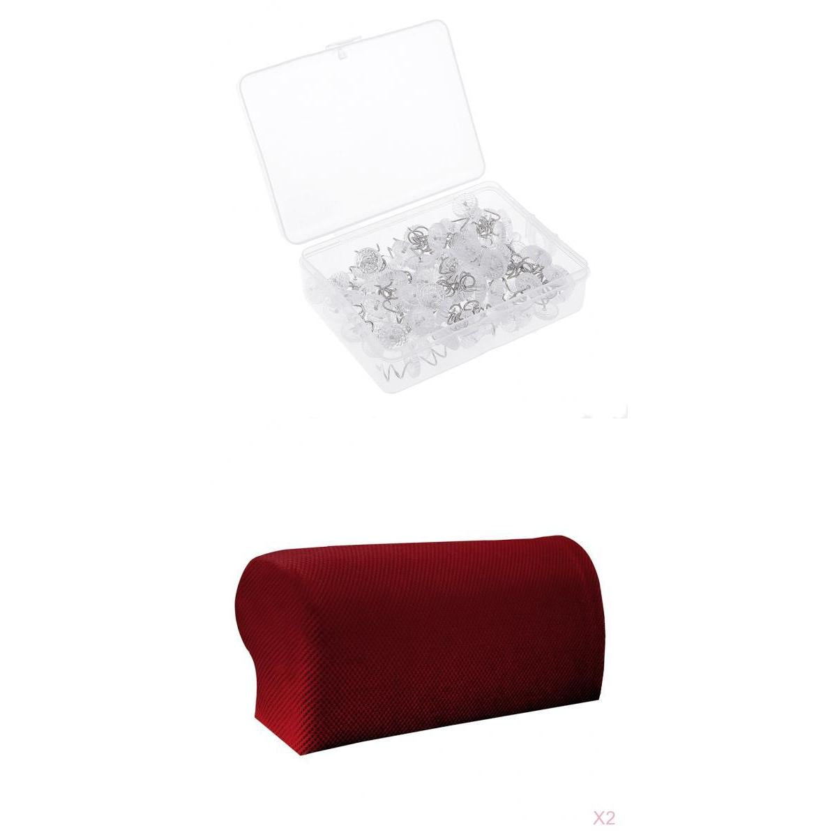 2 Pair Spandex Sofa Armrest Covers with 100 Pieces Bed Skirt Pins Red