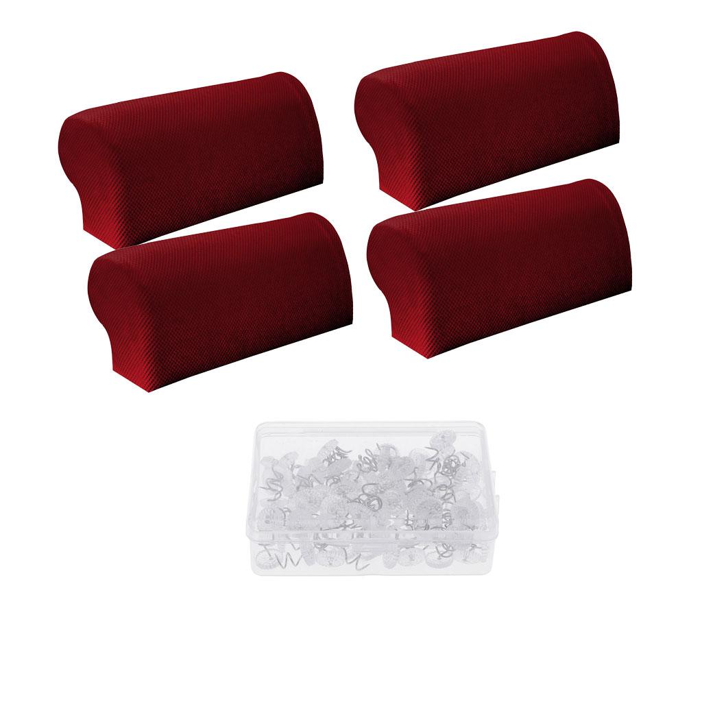 2 Pair Spandex Sofa Armrest Covers with 100 Pieces Bed Skirt Pins Red