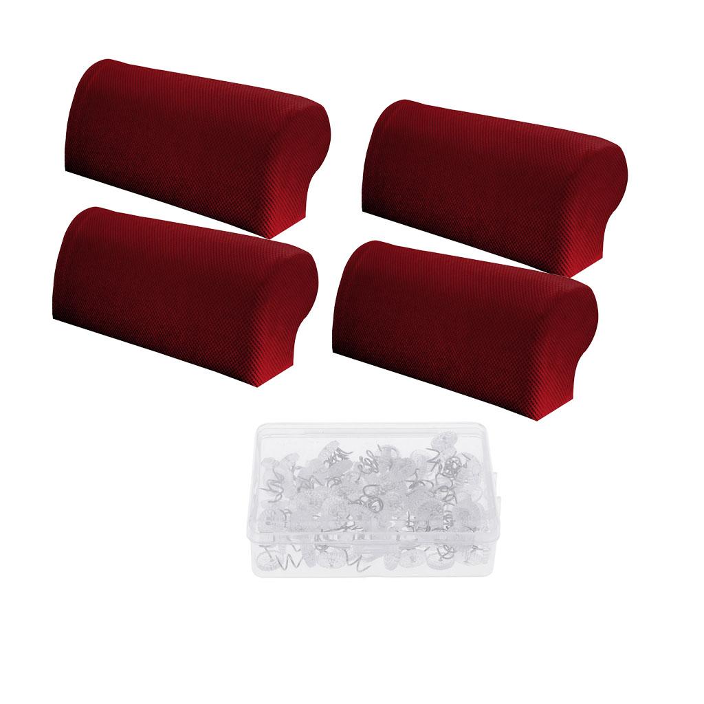 2 Pair Spandex Sofa Armrest Covers with 100 Pieces Bed Skirt Pins Red