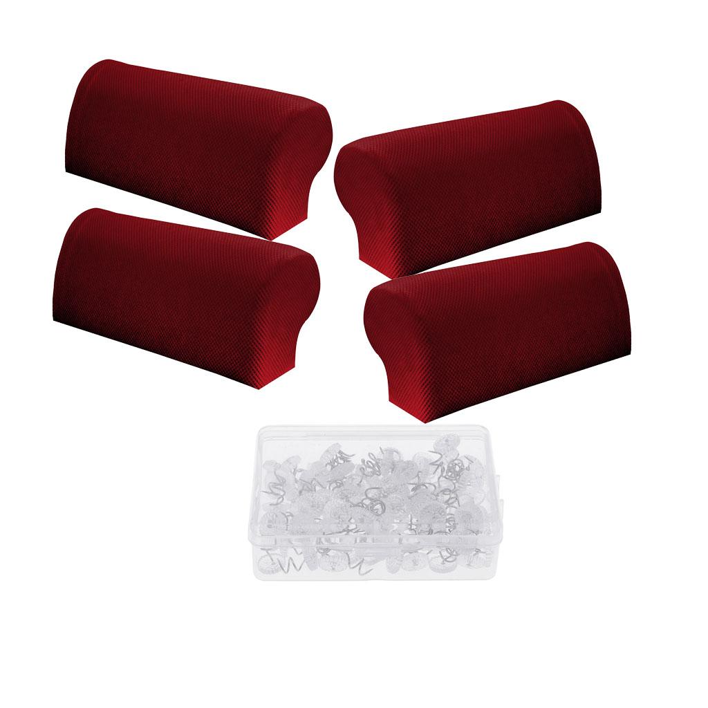 2 Pair Spandex Sofa Armrest Covers with 100 Pieces Bed Skirt Pins Red