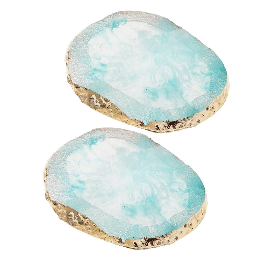 2x Resin Imitation agate nail art Palette drink coaster cup mat decors blue