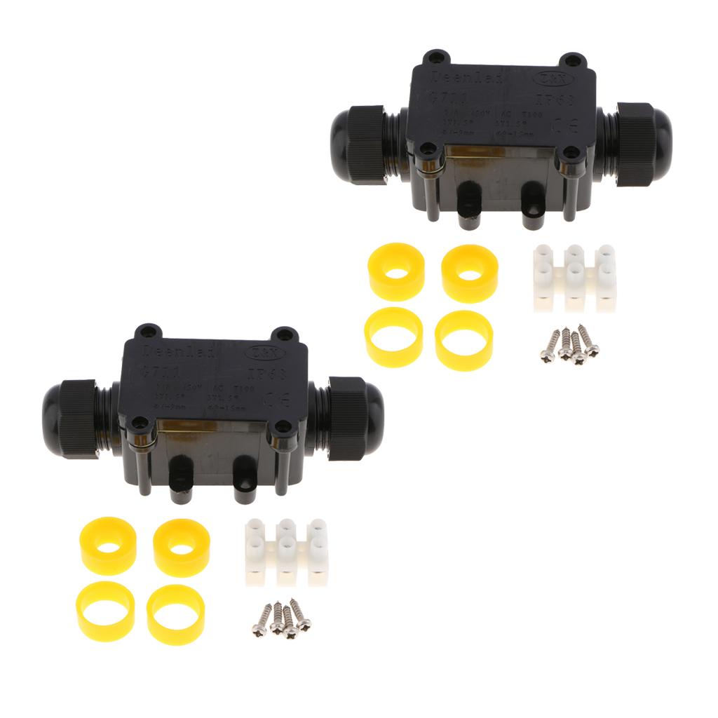 2Set Waterproof IP68 Cable Wire Connector Electrical 2Way Junction Box Black