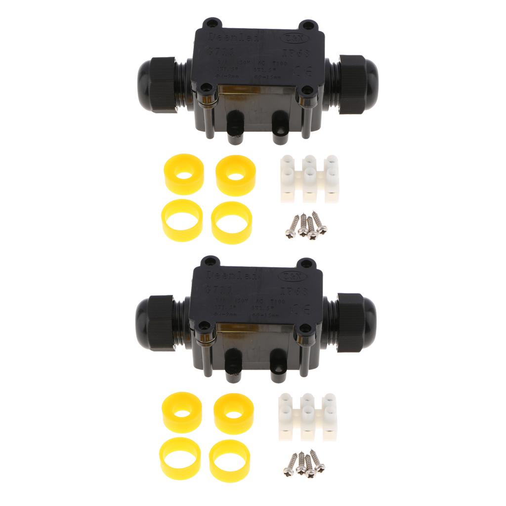 2Set Waterproof IP68 Cable Wire Connector Electrical 2Way Junction Box Black