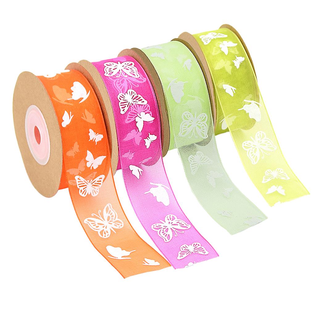 4 Colors of 10 Meters Butterfly Printed Chiffon Ribbon Embellishment 25mm