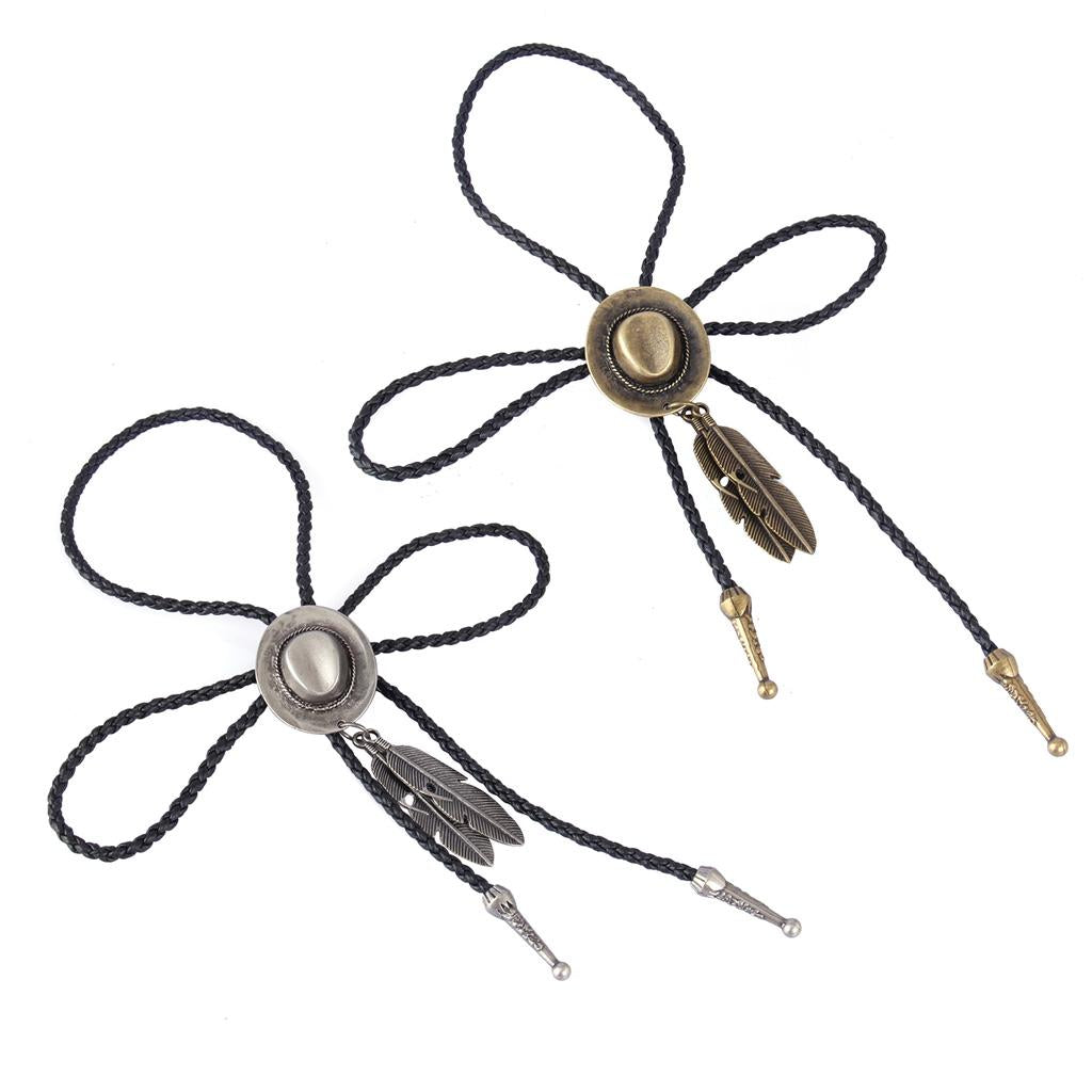 2 Pieces Black PU Leather Western Cowboy Rodeo Hat Bolo Tie Bola Necklace