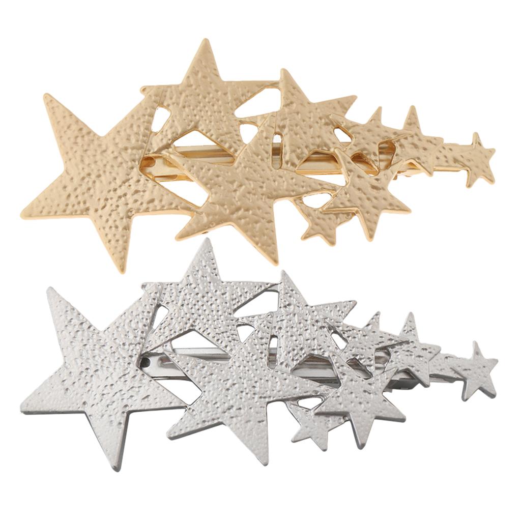 2Pcs Womens Brushed Metal French Star Clips Spring Barrettes Ponytail Holder