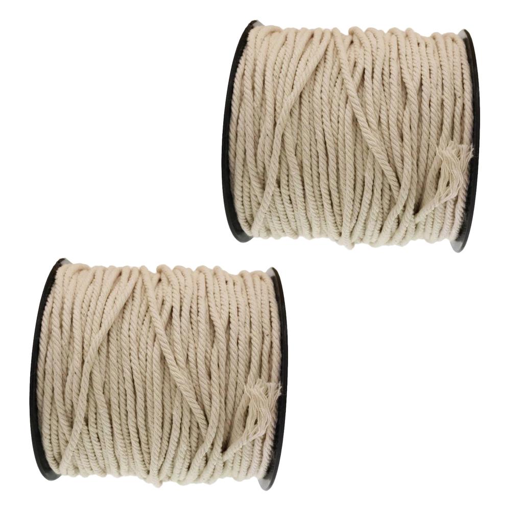 2 Rolls Natural Cotton Rope Braided Twisted Cords Twine Crafts Raw White 60m