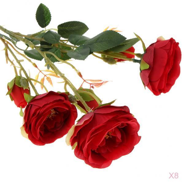 8Pcs Artificial Rose Silk Flower Bridal Bouquet for Home Wedding Decor Red