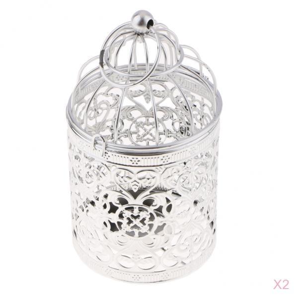 2xElectroplated Metal Birdcage Shape Tea Light Candle Holder Silver