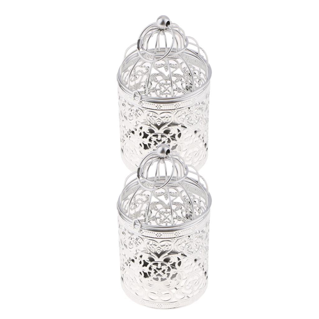 2xElectroplated Metal Birdcage Shape Tea Light Candle Holder Silver
