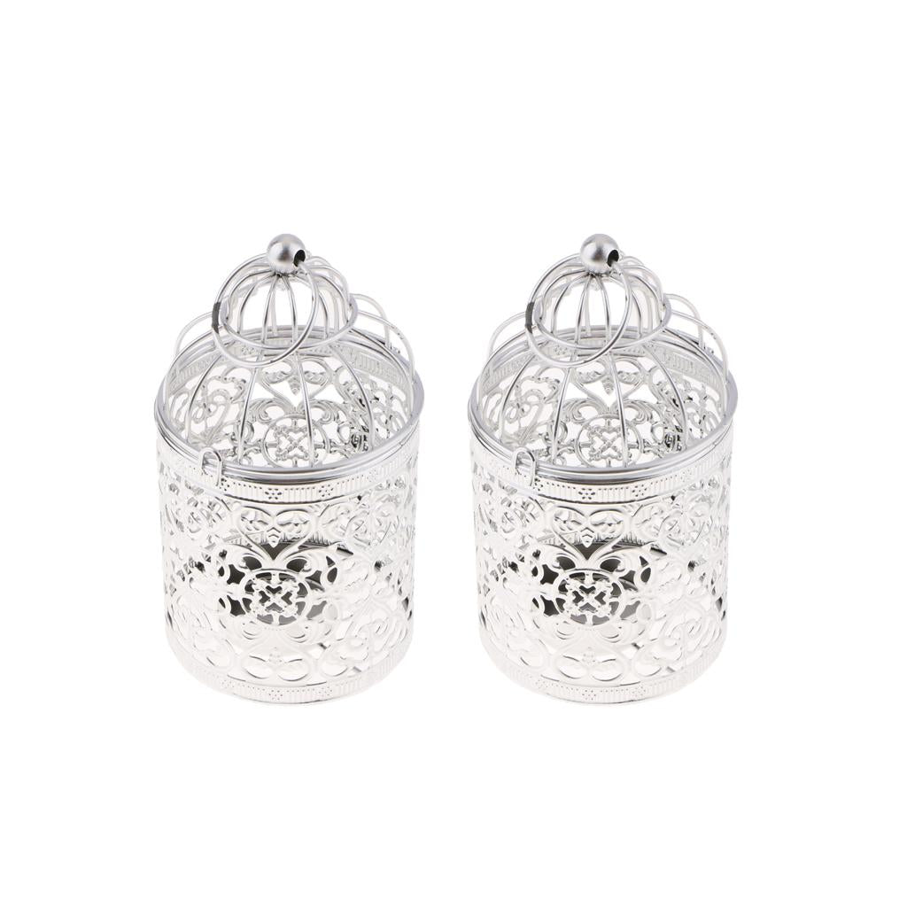 2xElectroplated Metal Birdcage Shape Tea Light Candle Holder Silver