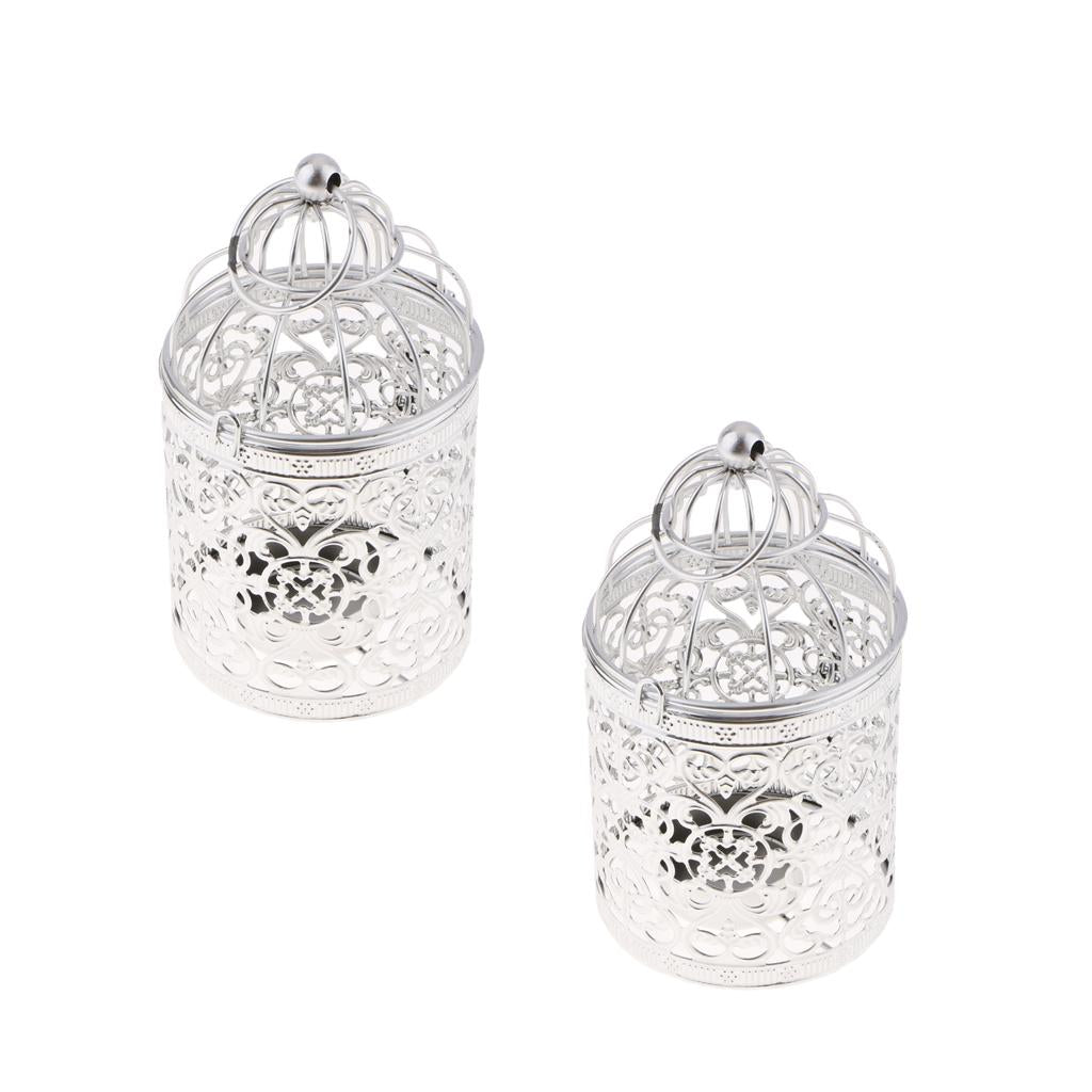 2xElectroplated Metal Birdcage Shape Tea Light Candle Holder Silver