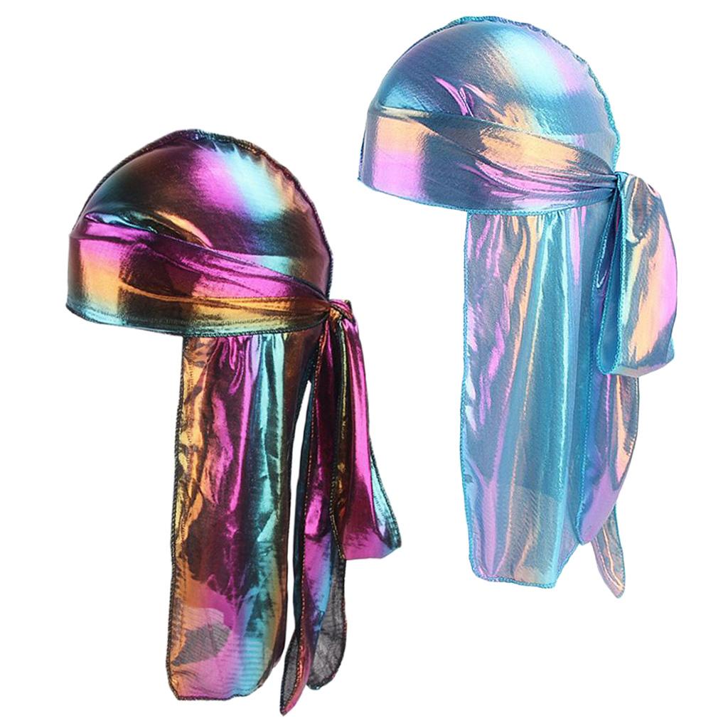 2 Pieces Shiny Rainbow Silky Chemo Scarf Cap Muslim Hat Durag Headwrap