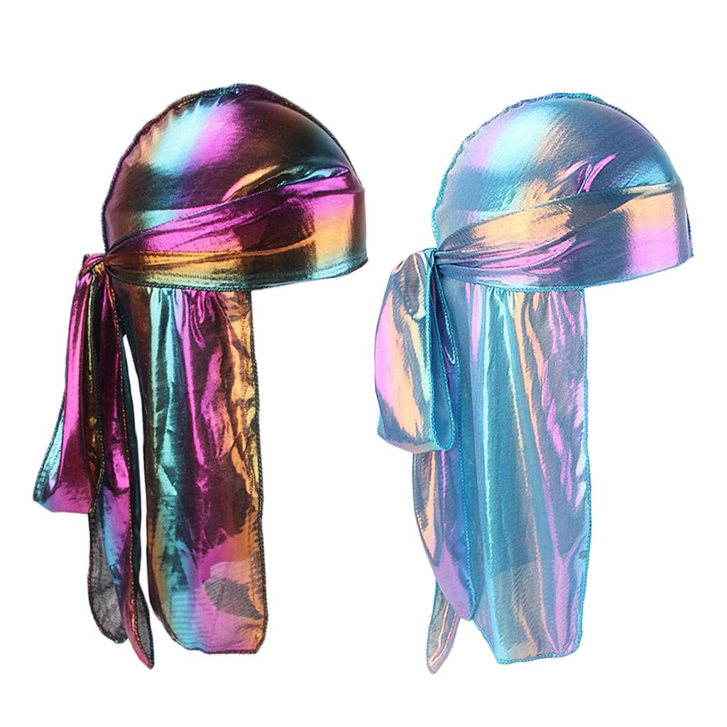 2 Pieces Shiny Rainbow Silky Chemo Scarf Cap Muslim Hat Durag Headwrap