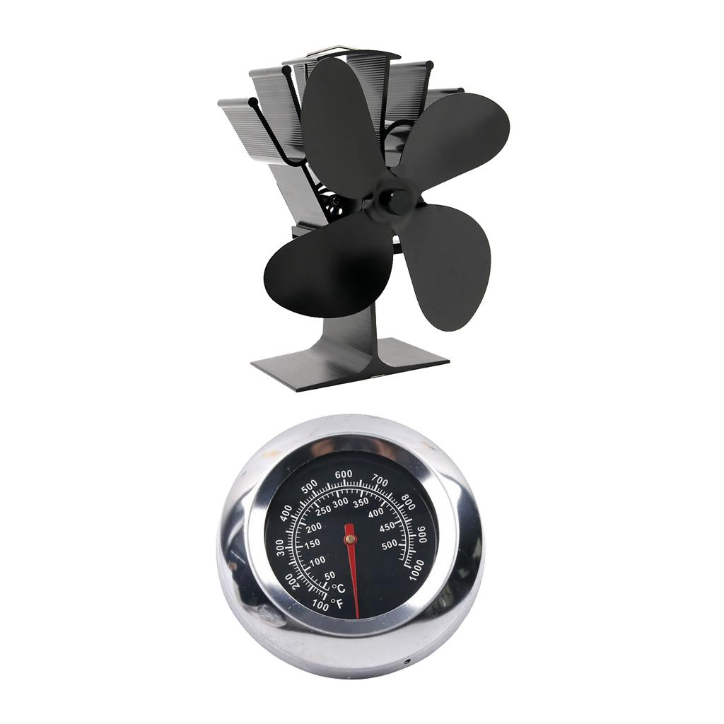 4-blade Heat Powered Stove Fan for Wood/Fireplace Black Thermometer