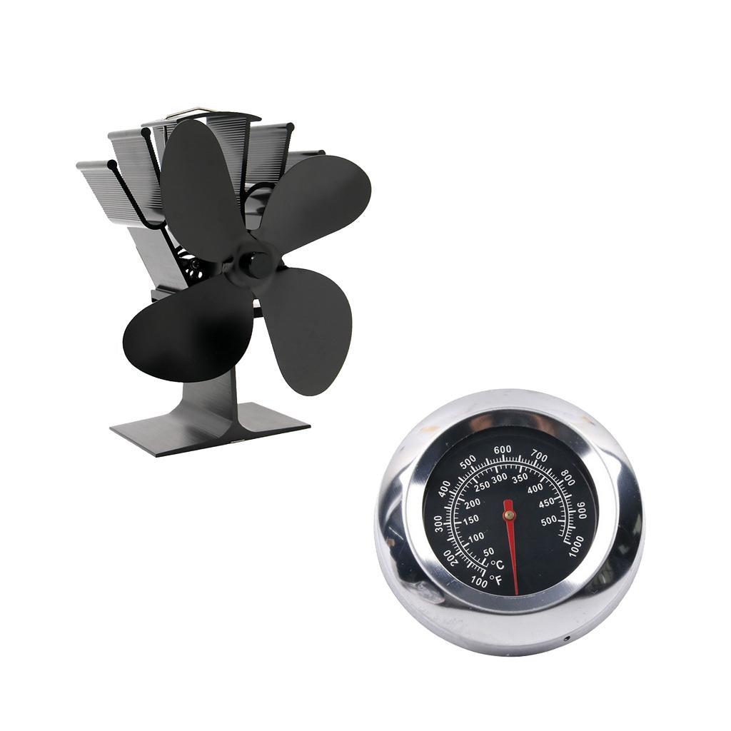 4-blade Heat Powered Stove Fan for Wood/Fireplace Black Thermometer