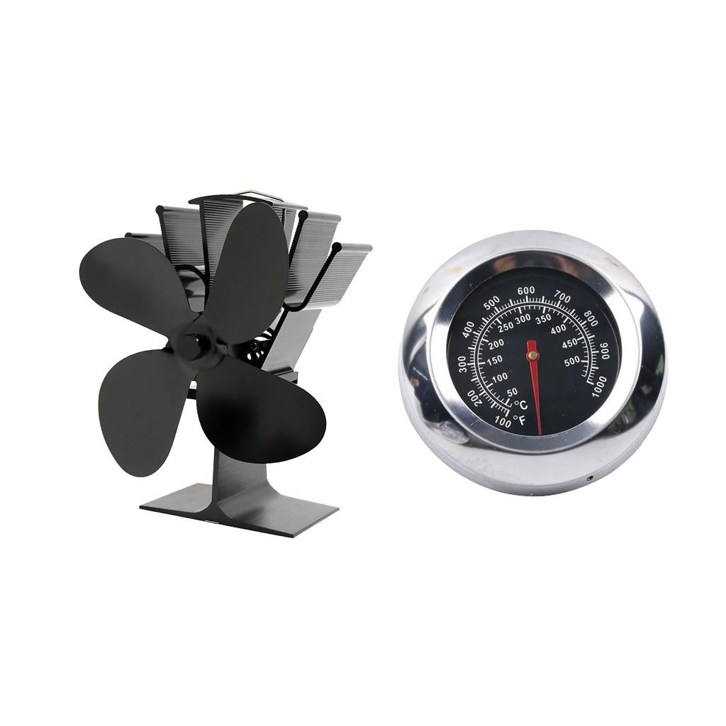 4-blade Heat Powered Stove Fan for Wood/Fireplace Black Thermometer