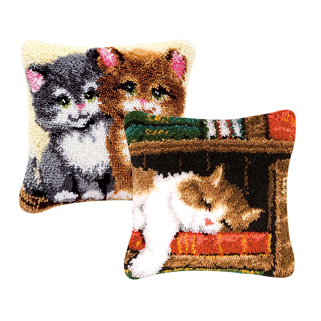 2 Set Cats Latch Hook Kits for DIY Pillow Cover Sofa Cushion Cover 43x43cm