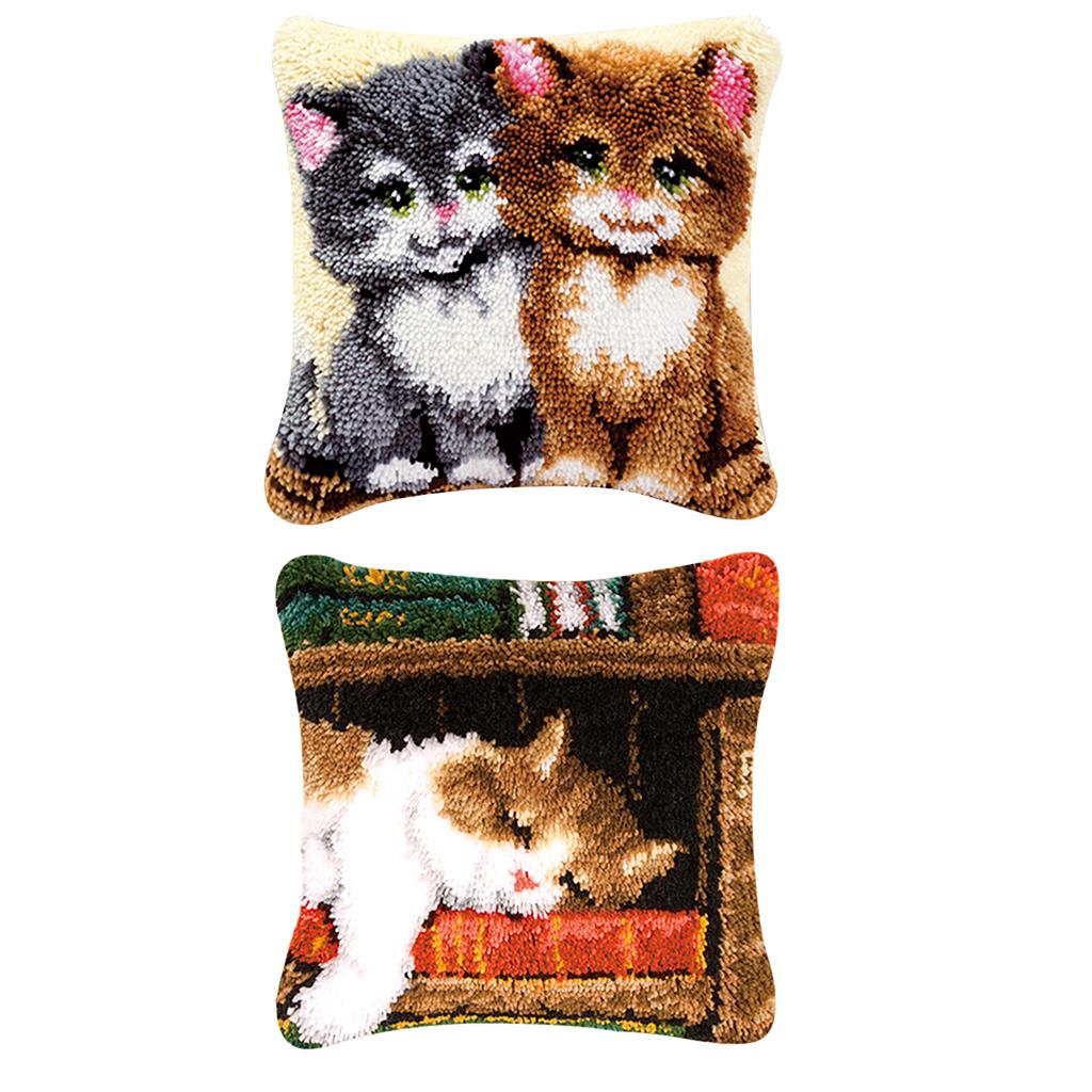 2 Set Cats Latch Hook Kits for DIY Pillow Cover Sofa Cushion Cover 43x43cm