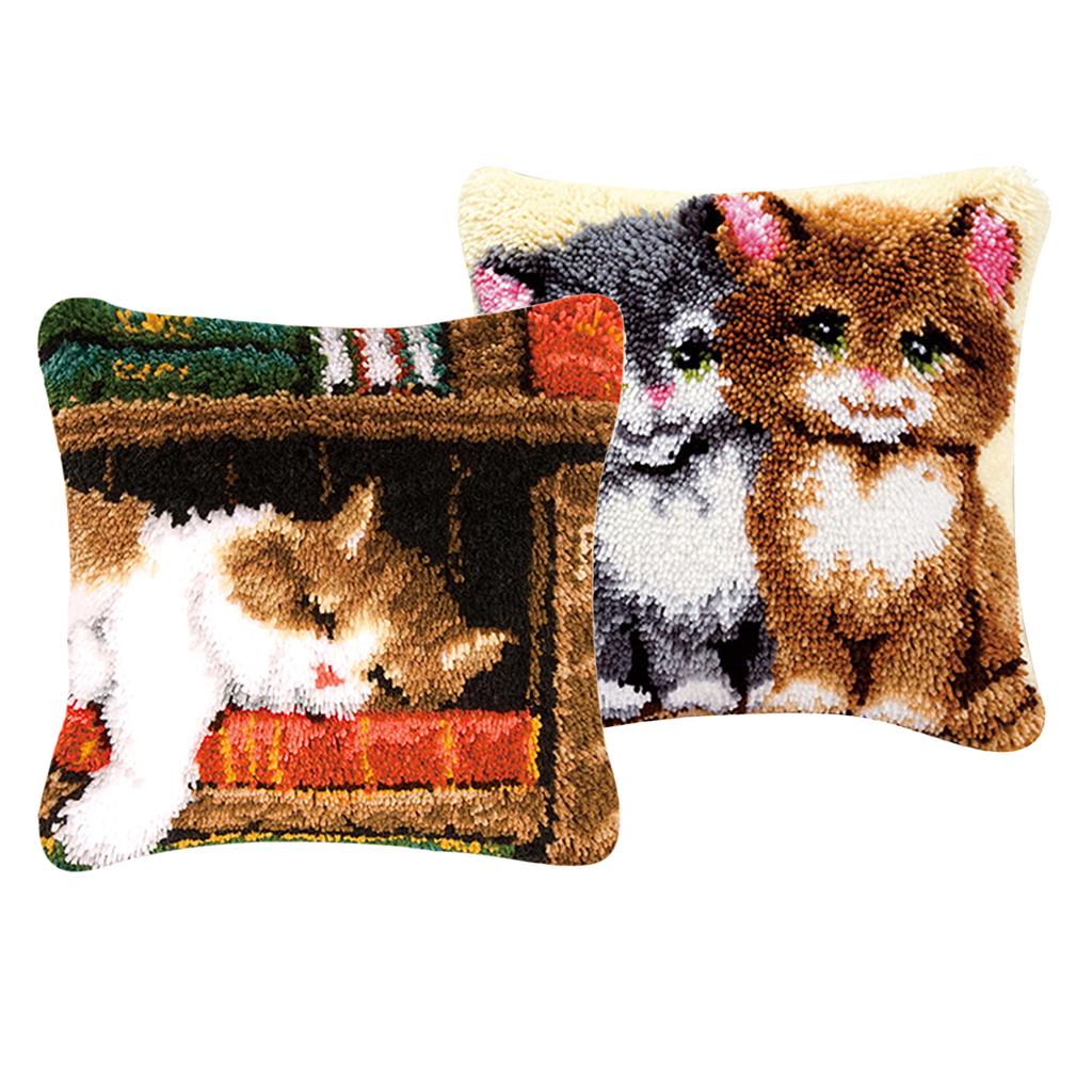 2 Set Cats Latch Hook Kits for DIY Pillow Cover Sofa Cushion Cover 43x43cm