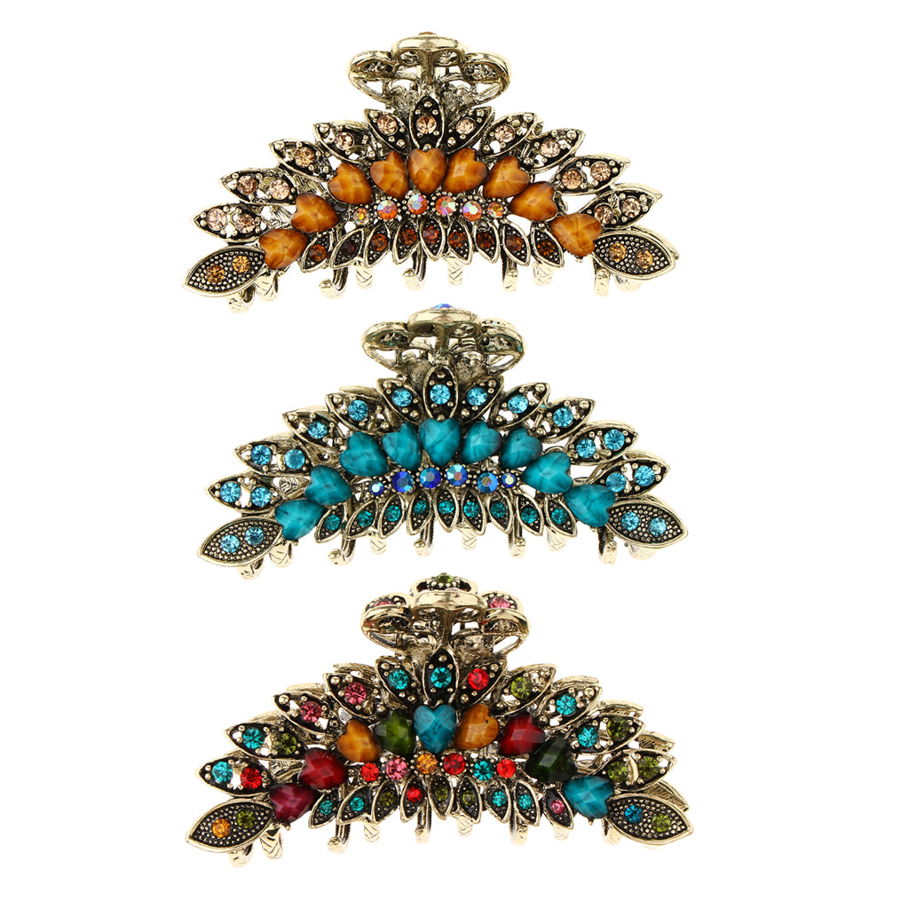 3 Pieces Women Large Hair Claw Jaw Clips Metal Rhinestones Crystal Hairpin