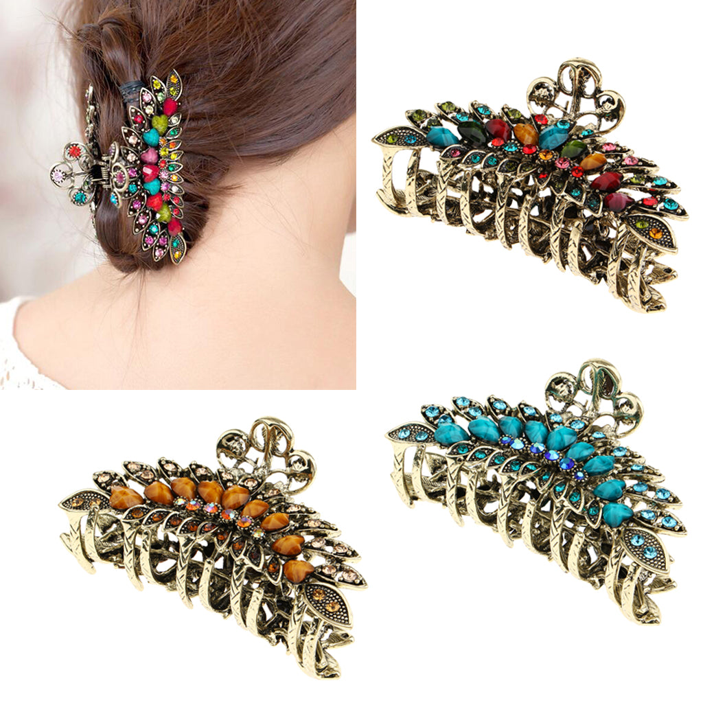 3 Pieces Women Large Hair Claw Jaw Clips Metal Rhinestones Crystal Hairpin