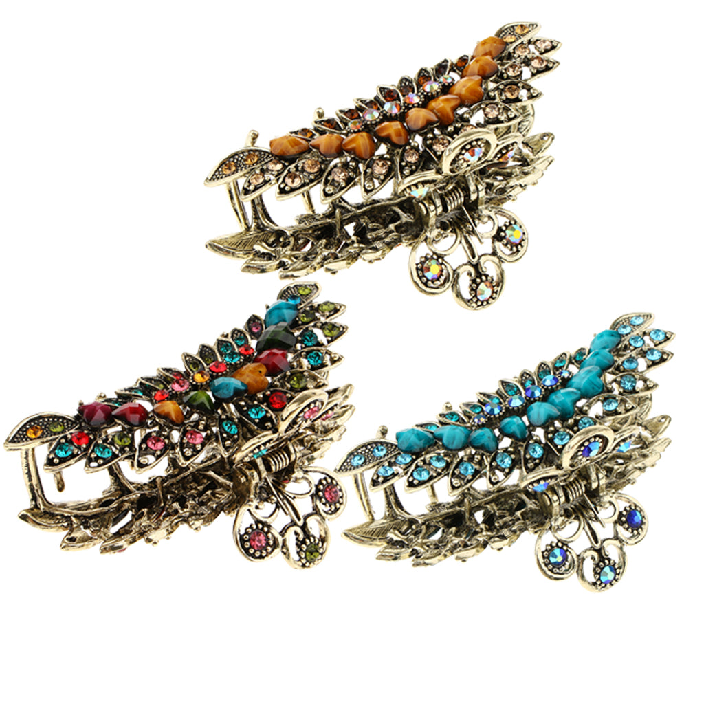 3 Pieces Women Large Hair Claw Jaw Clips Metal Rhinestones Crystal Hairpin