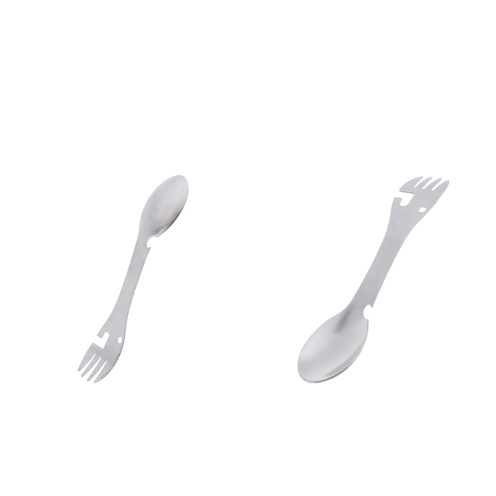 2pcs Multifunctional Camping Spoon Fork Combo Stainless Steel Silver Tone