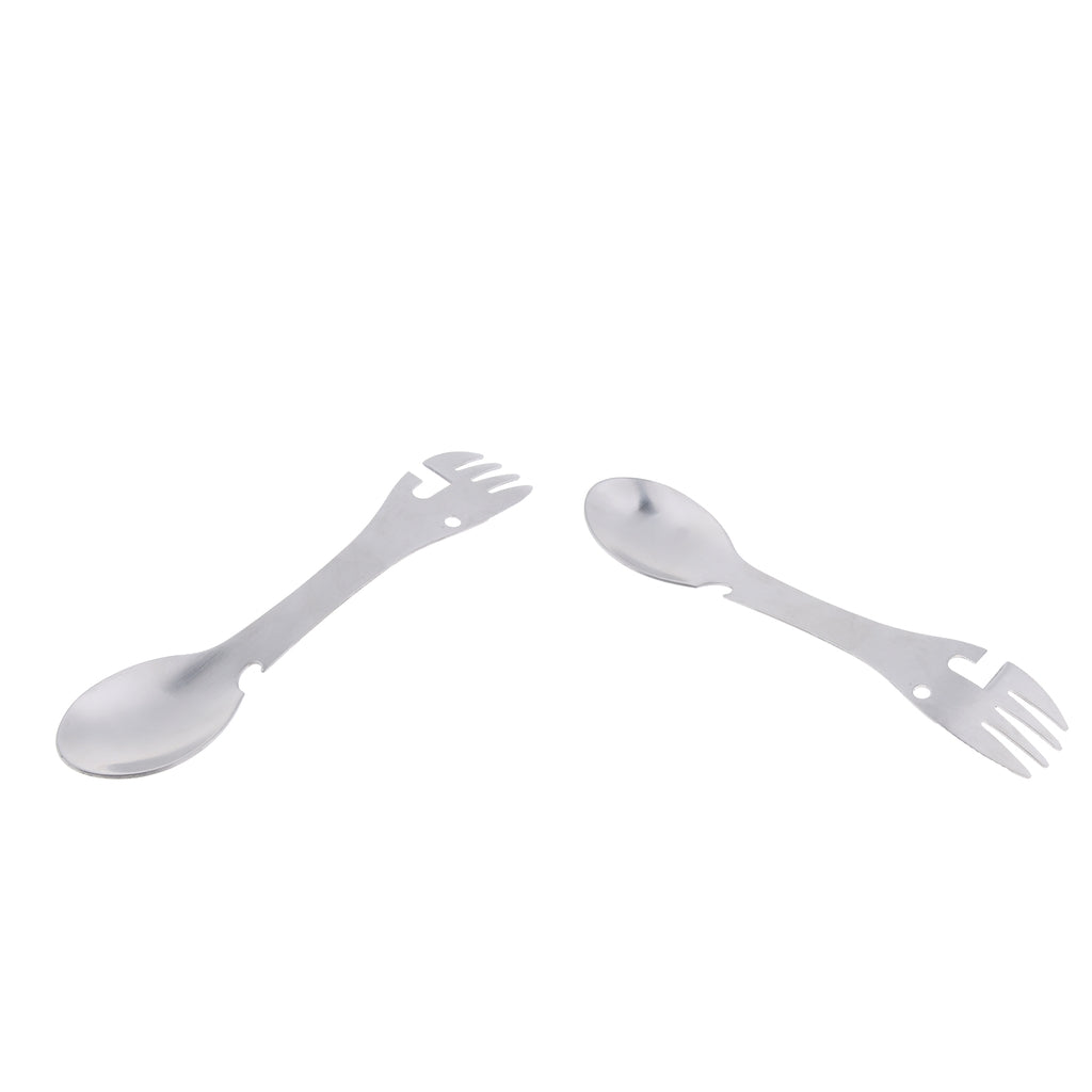 2pcs Multifunctional Camping Spoon Fork Combo Stainless Steel Silver Tone