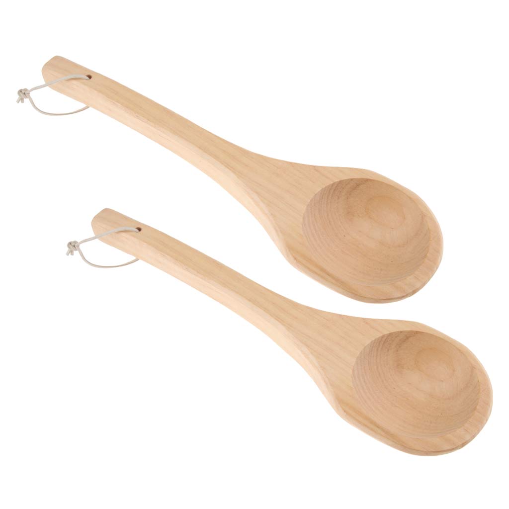 2Pcs Straight Long Handle Wooden Spoon Wooden Sauna Ladle Kitchen Soup Spoon