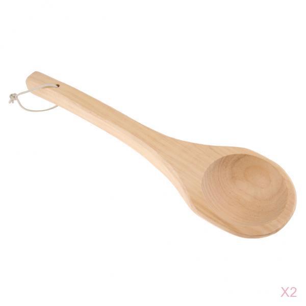2Pcs Straight Long Handle Wooden Spoon Wooden Sauna Ladle Kitchen Soup Spoon