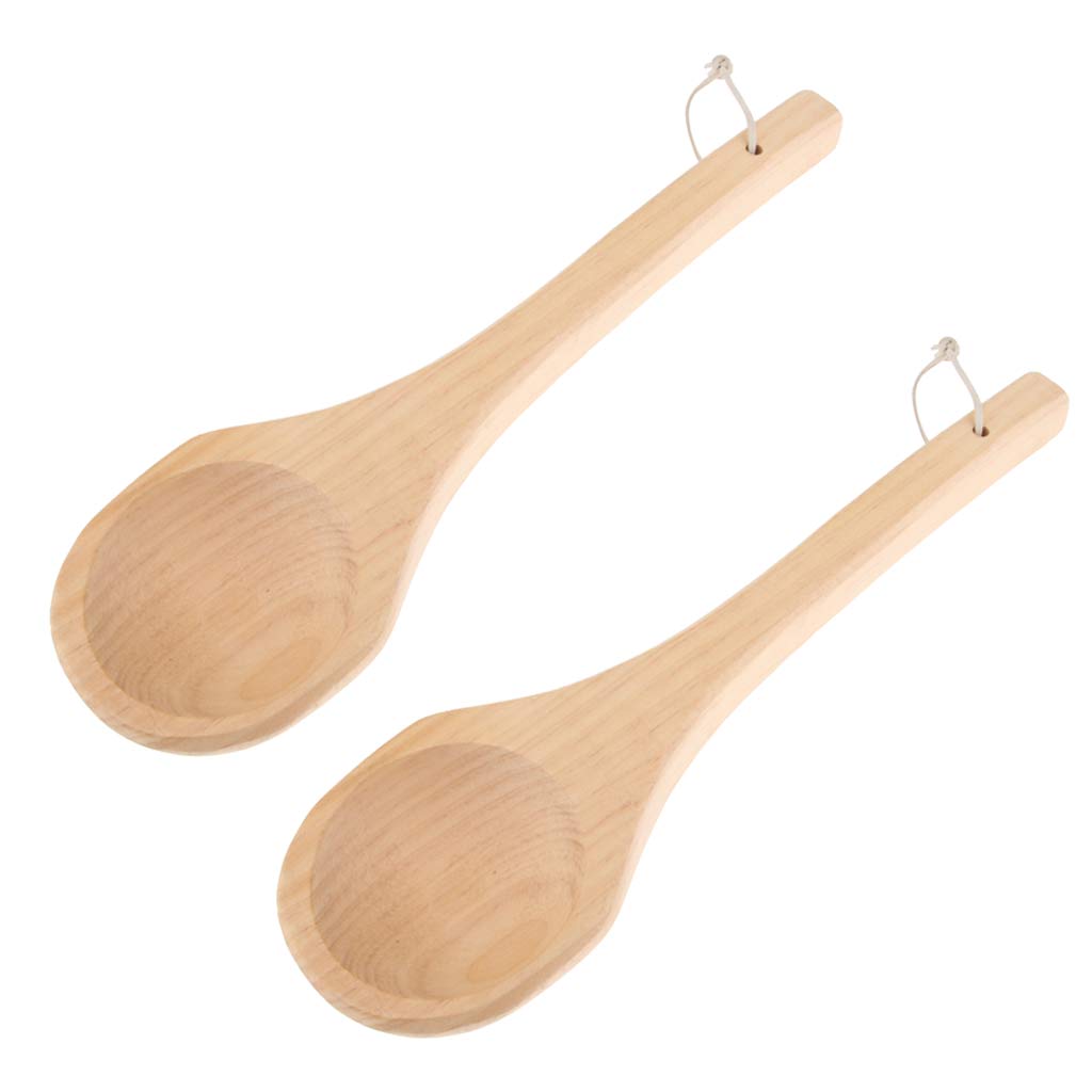 2Pcs Straight Long Handle Wooden Spoon Wooden Sauna Ladle Kitchen Soup Spoon