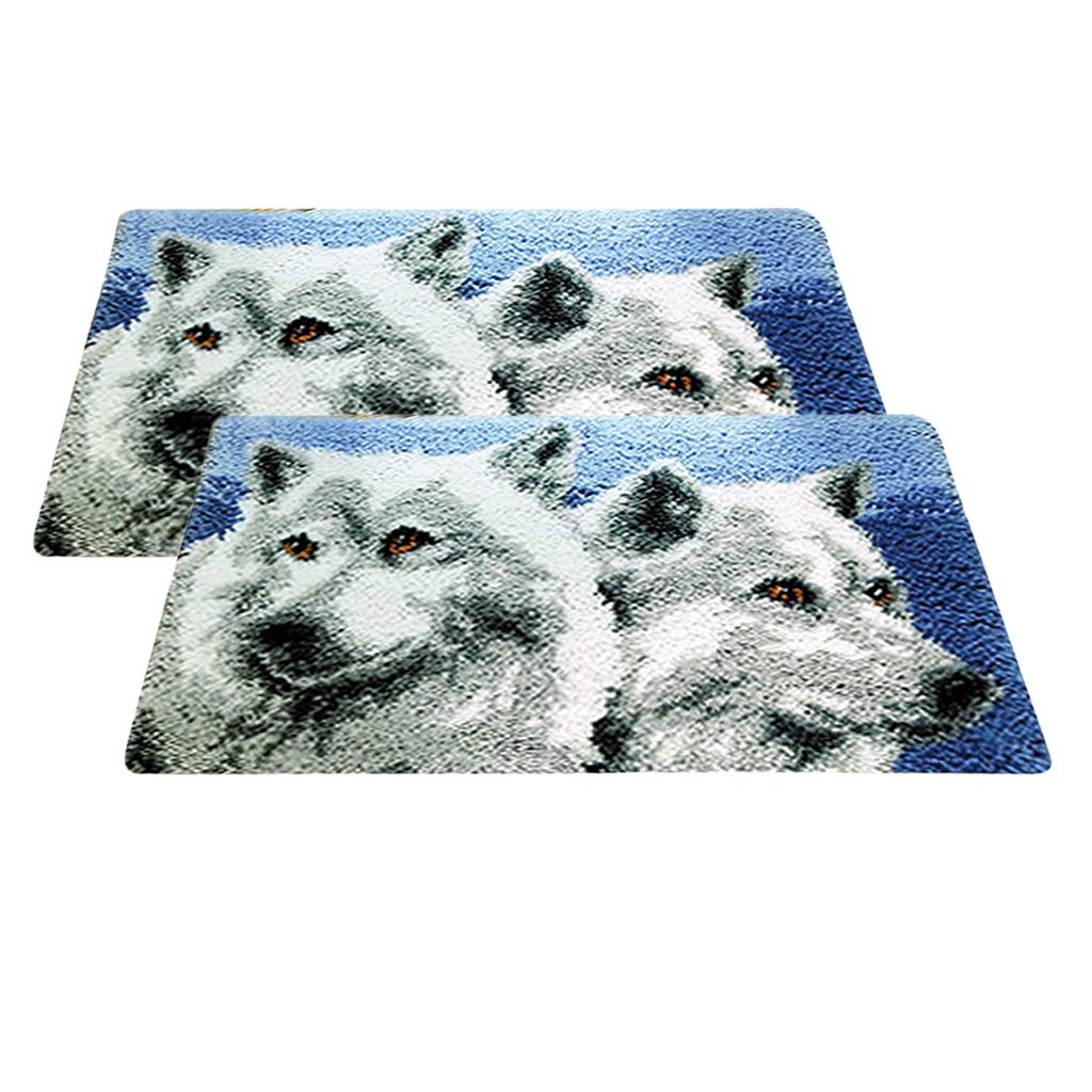 2 Sets Animal Pattern Latch Hook Rug Kits with Tools DIY Home Ornaments Wolf