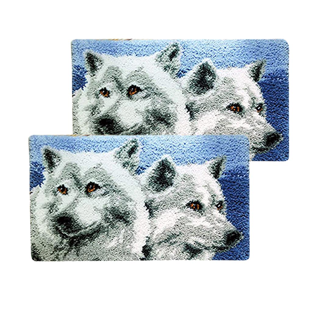 2 Sets Animal Pattern Latch Hook Rug Kits with Tools DIY Home Ornaments Wolf