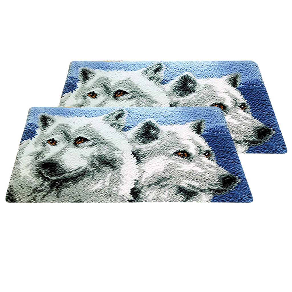 2 Sets Animal Pattern Latch Hook Rug Kits with Tools DIY Home Ornaments Wolf