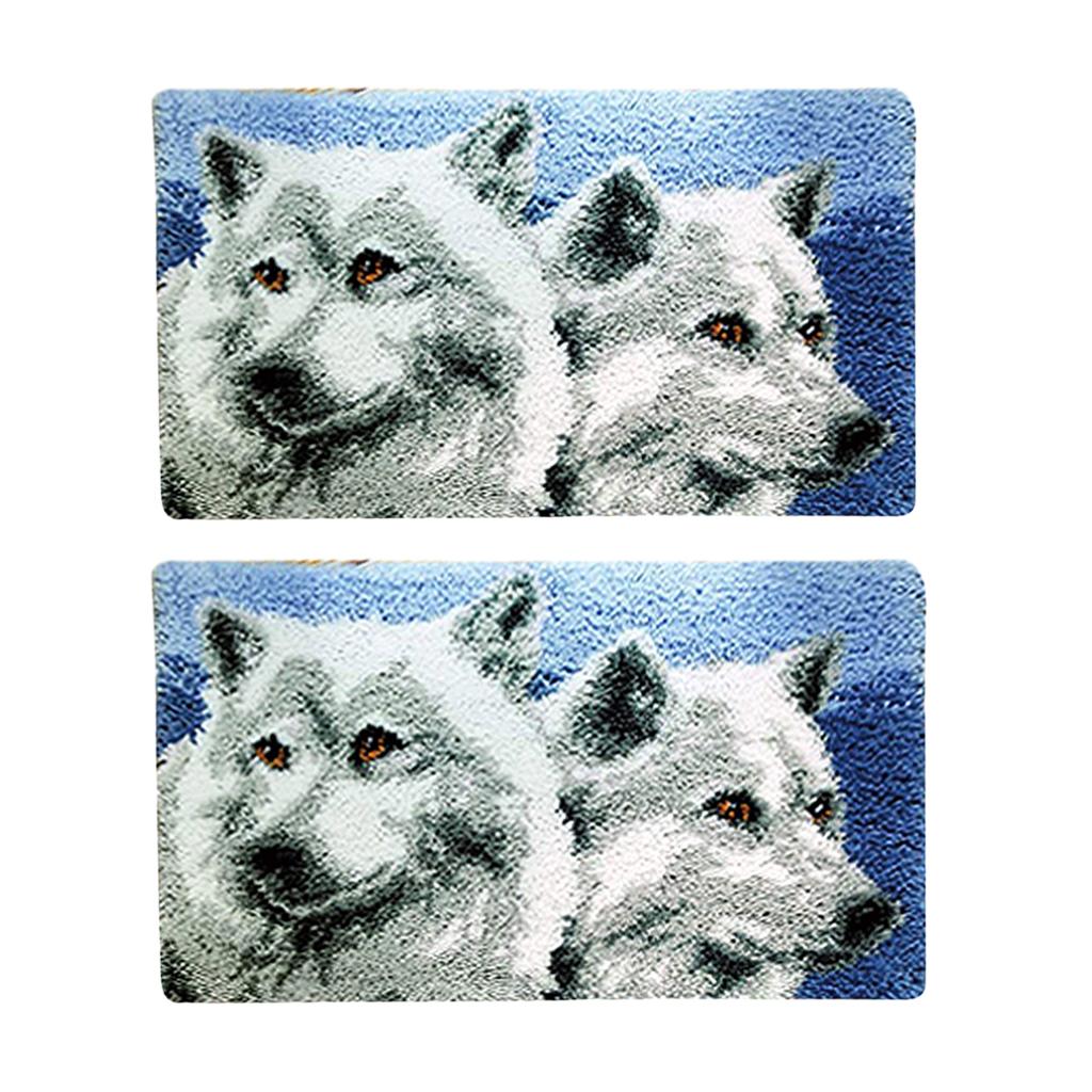 2 Sets Animal Pattern Latch Hook Rug Kits with Tools DIY Home Ornaments Wolf