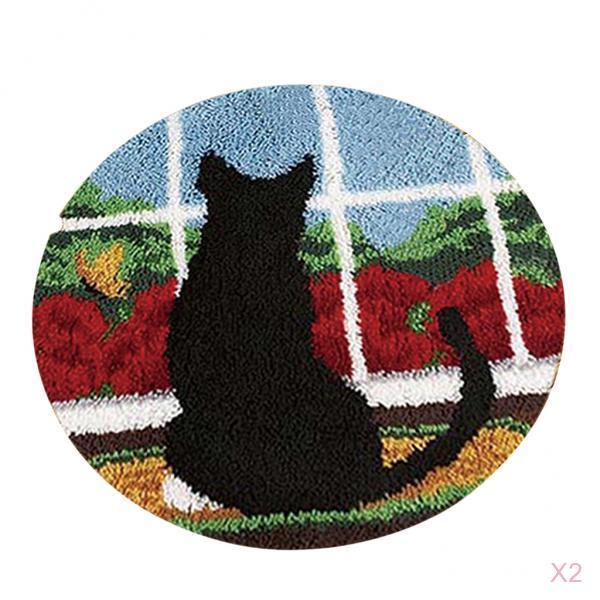 2 Sets Cat Animal Pattern Latch Hook Rug Kits with Tools DIY Home Ornaments