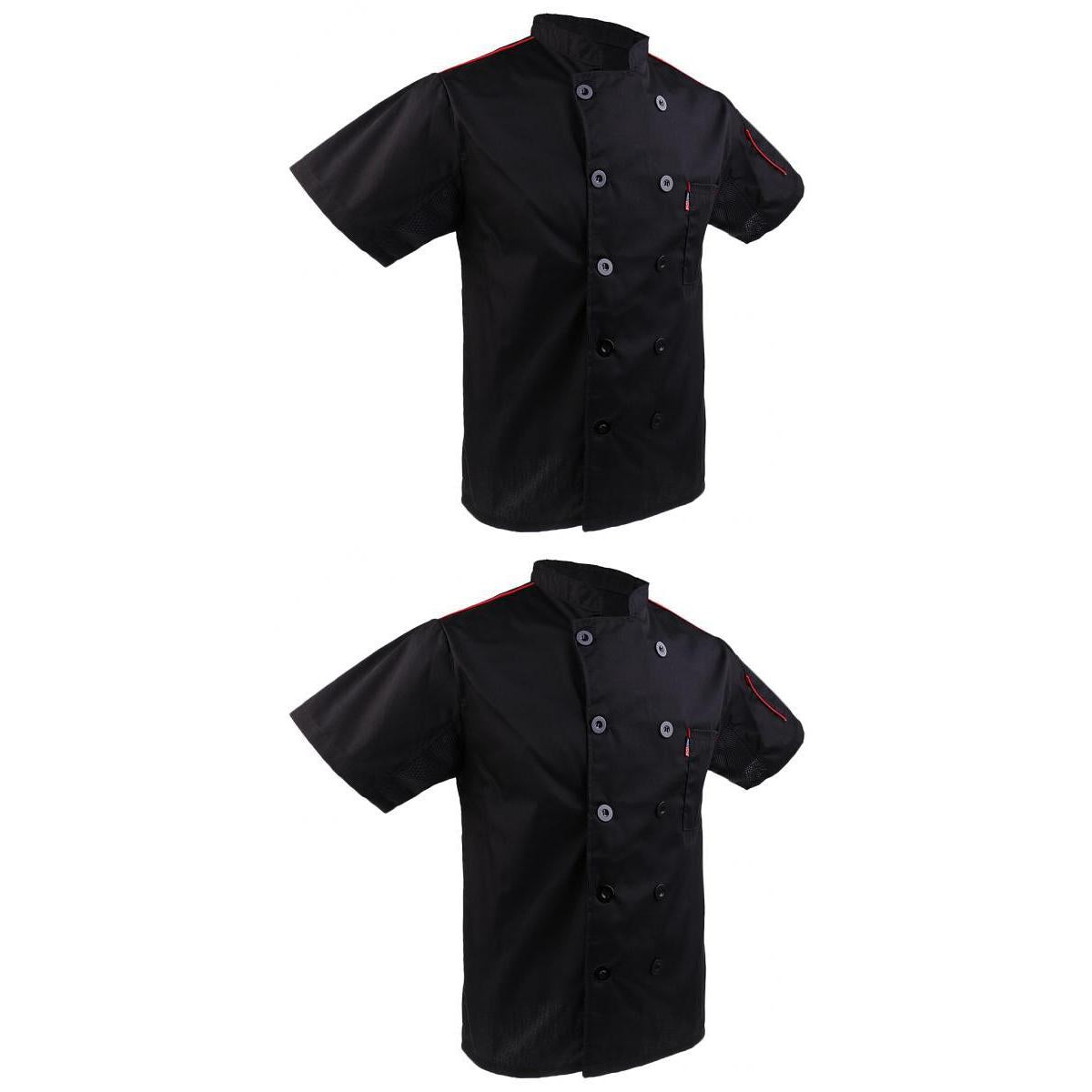 2Pcs Mens Chef Jacket Coat Short Sleeve Catering Uniform with Pocket Black
