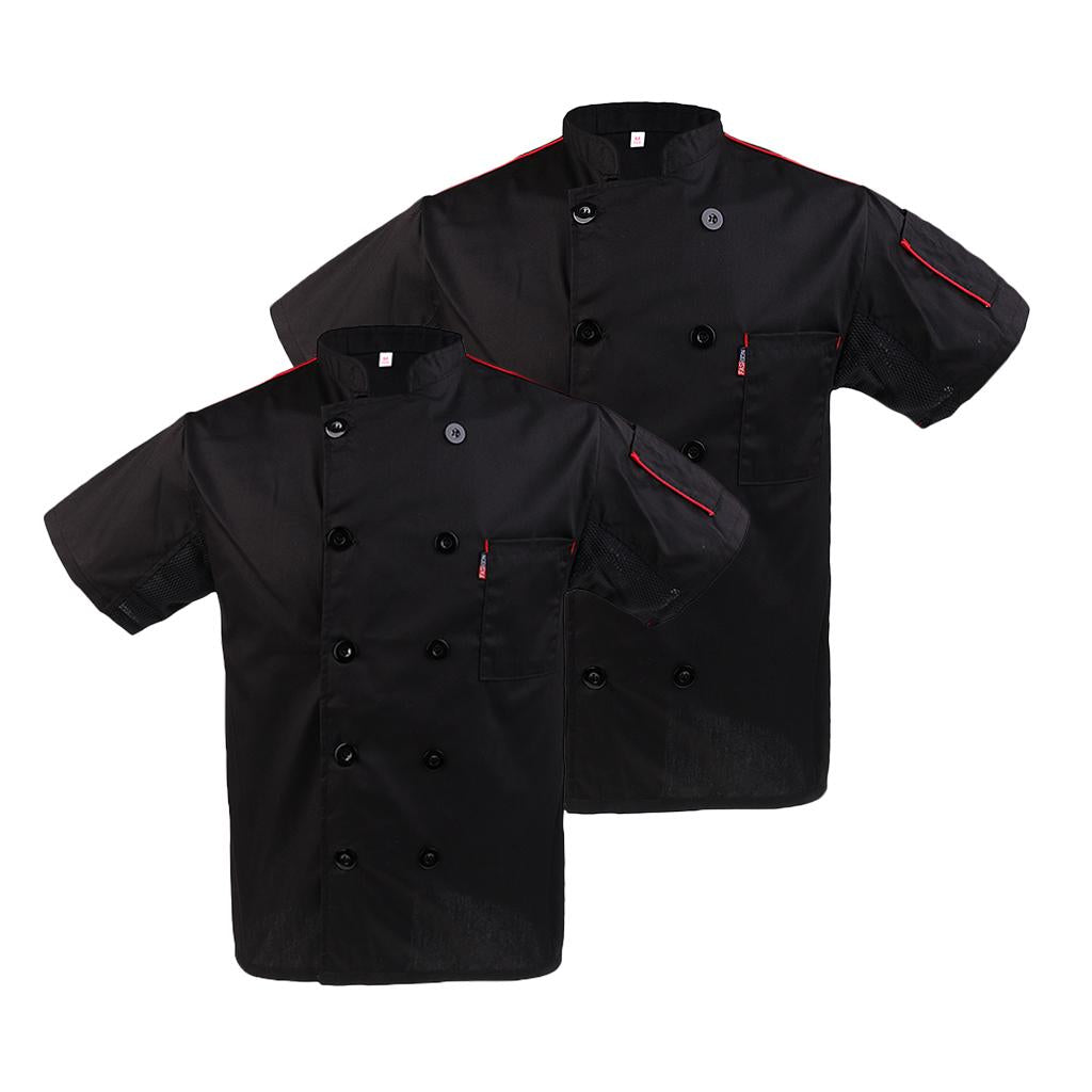 2Pcs Mens Chef Jacket Coat Short Sleeve Catering Uniform with Pocket Black