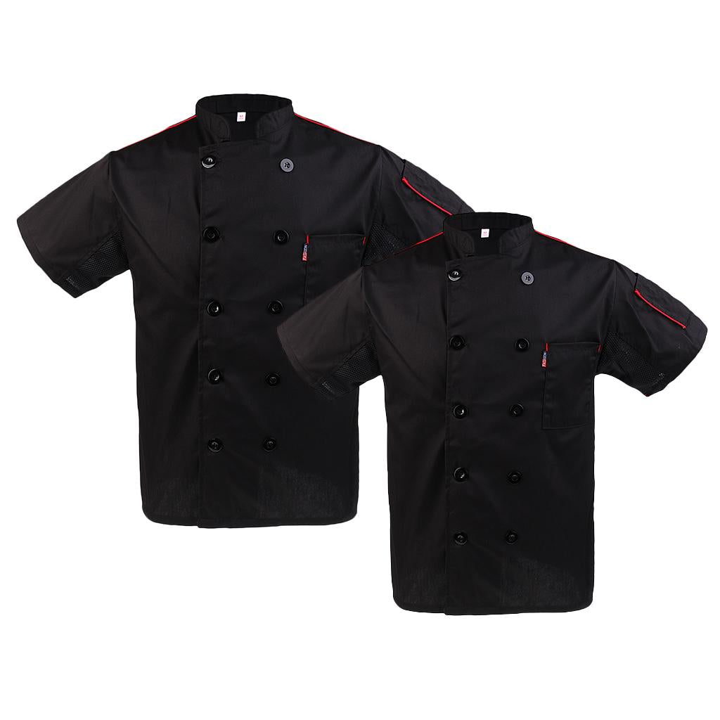 2Pcs Mens Chef Jacket Coat Short Sleeve Catering Uniform with Pocket Black