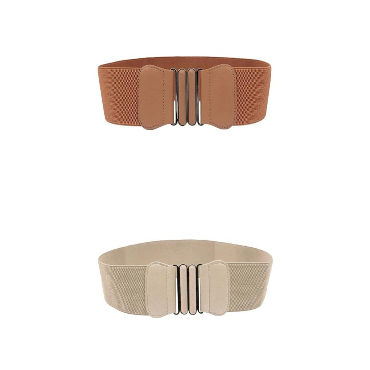 2Pack Fashion Womens Girls Fabric Wide Elastic Buckle Waist Belt Brown+Beige